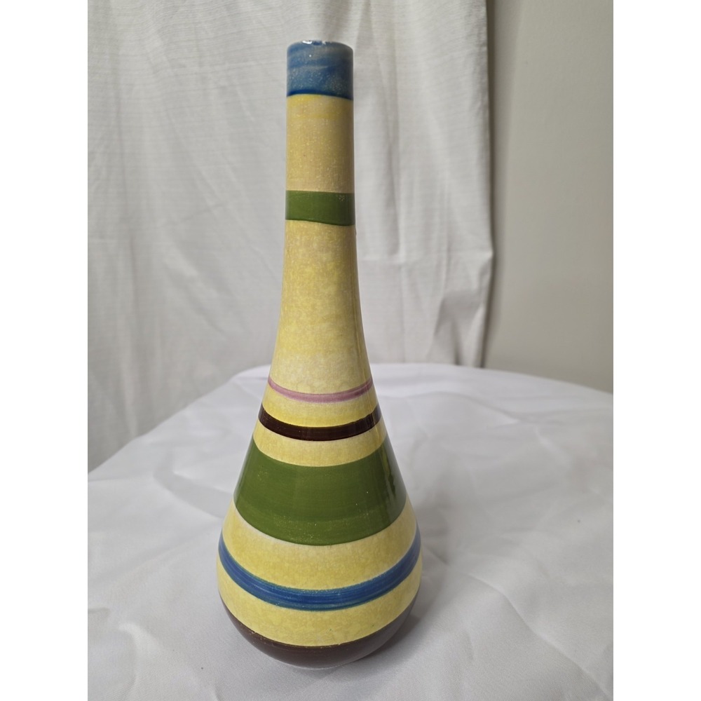 Vintage SECLA Portugal Hand Painted Striped Ceramic Bottle Vase Container